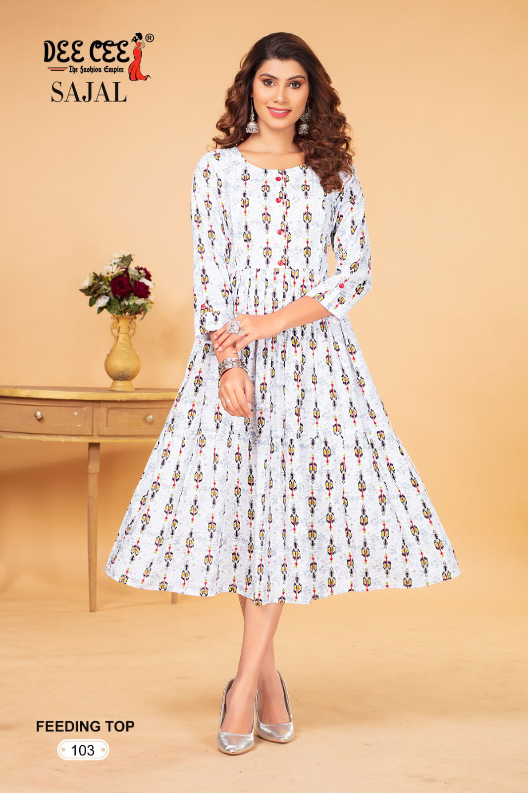Sajal By Dee Cee Flaired Rayon Printed Feeding Kurtis Wholesale Clothing Suppliers In India
